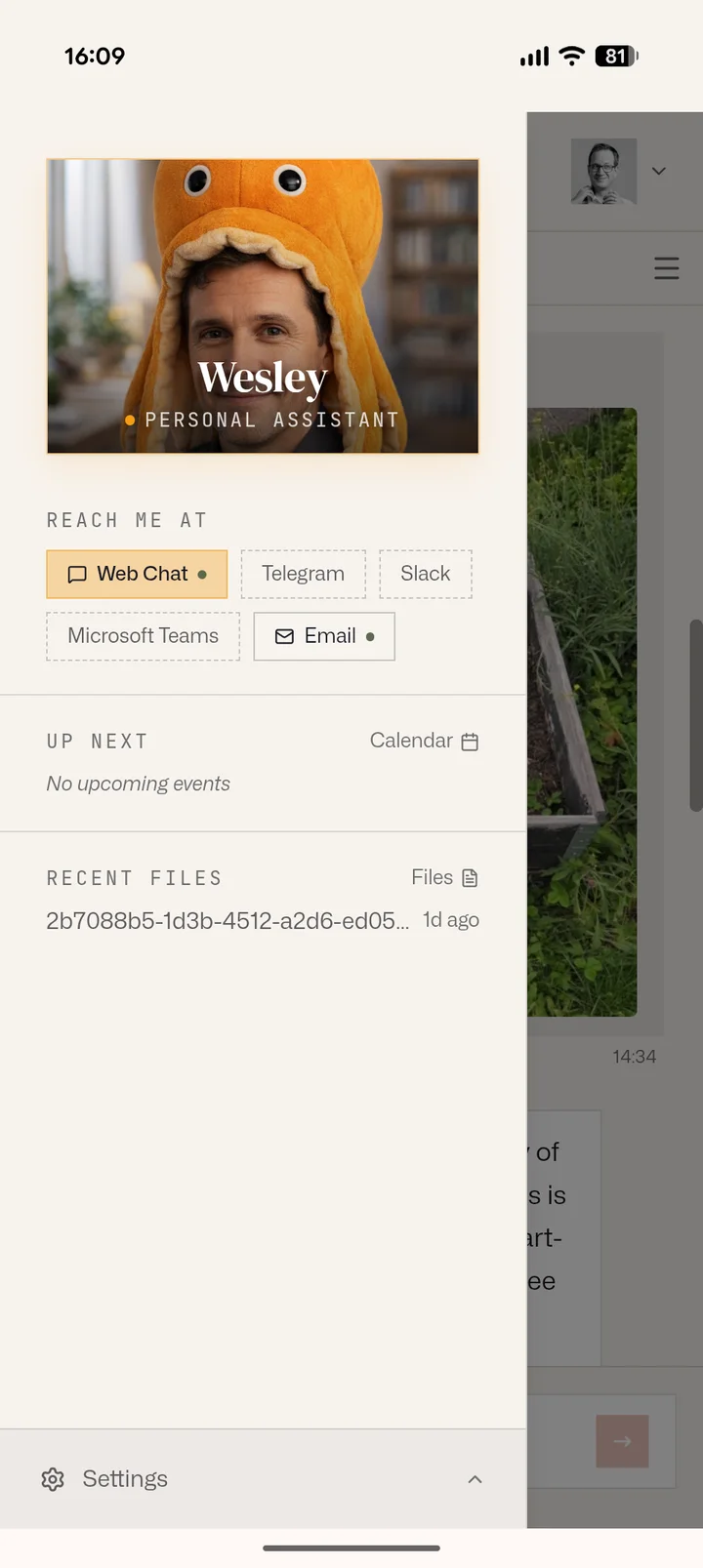 The Squidler mobile app showing an agent's card with its channels: web chat, Telegram, Slack, Microsoft Teams, and email