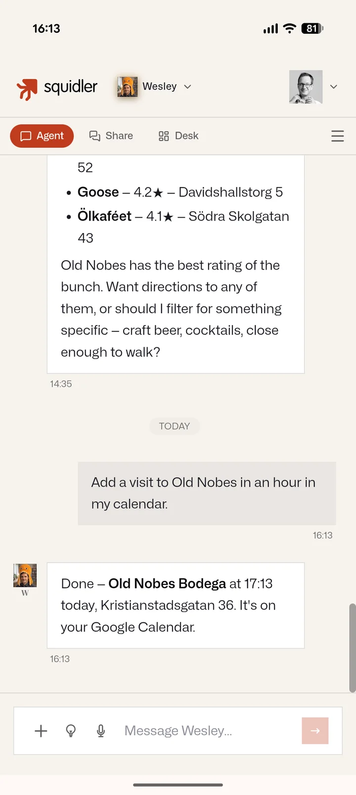 A chat where the user asks the agent to add a bar visit to their calendar and the agent confirms it is on their Google Calendar