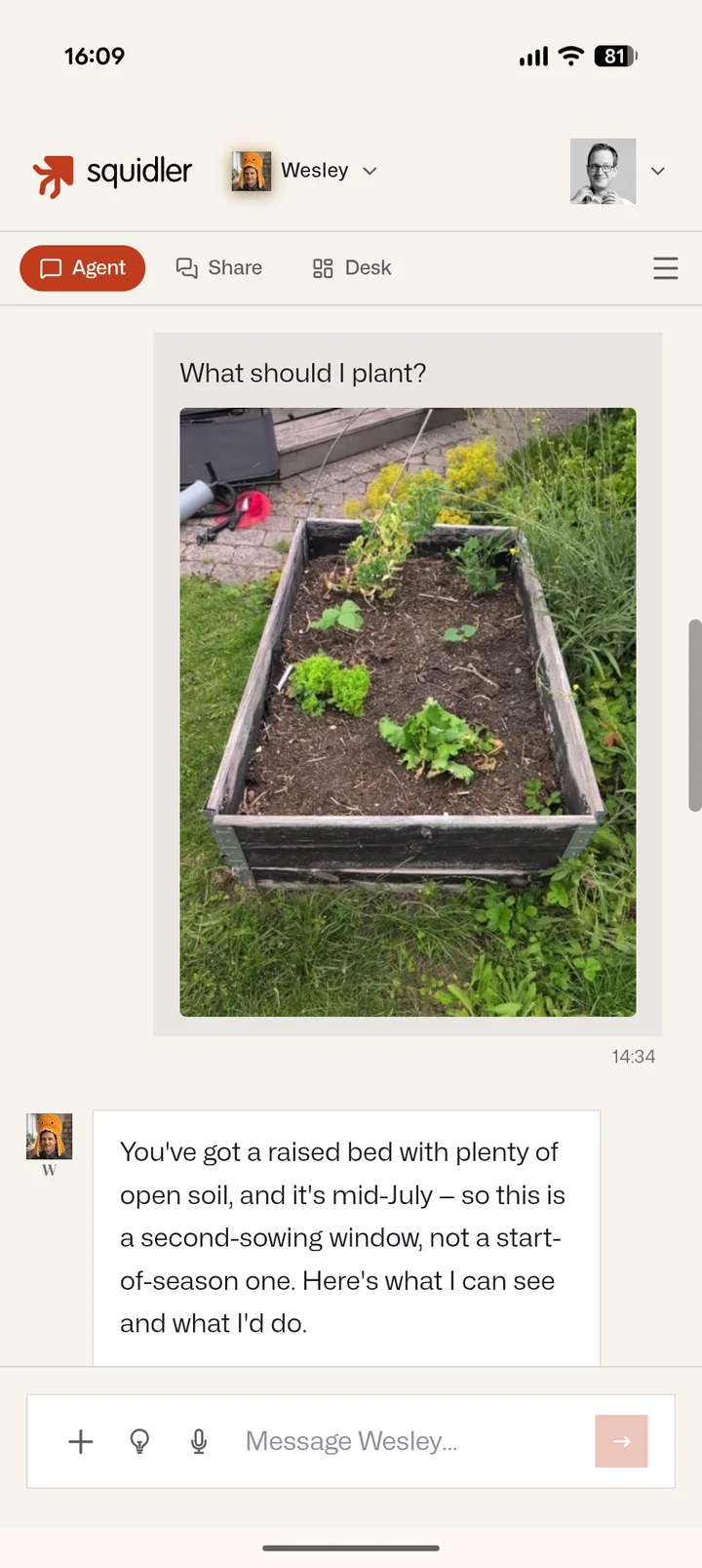The Squidler web app on a phone: the user sends a photo of a raised garden bed asking what to plant, and the agent answers with seasonal advice